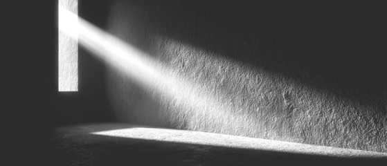 Interior shot features dramatic light beam, illuminating a dark wall and floor