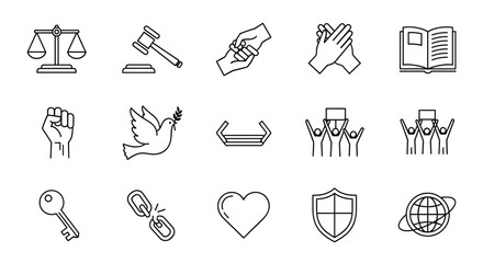 Human rights and justice icon set. Law, freedom, and equality symbols. Peace dove, protest fist, broken chain, scales of justice. Social issues, activism, unity concept.