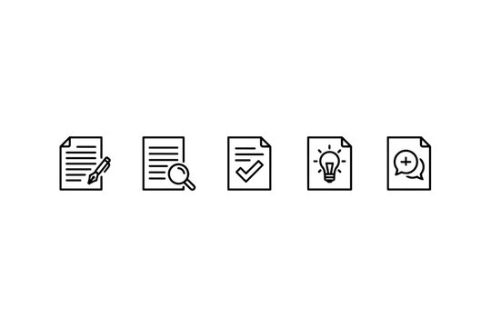 Document workflow icon set for business. Icons for writing, editing, content creation, research, proofreading. Includes idea, brainstorming, checklist, approval, and feedback.