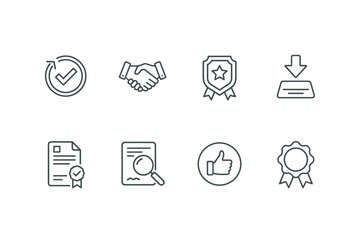 Approve and check line icon set. Quality certificate, guarantee seal, and partnership handshake. Award winner badge, document review, and thumbs up for customer satisfaction.