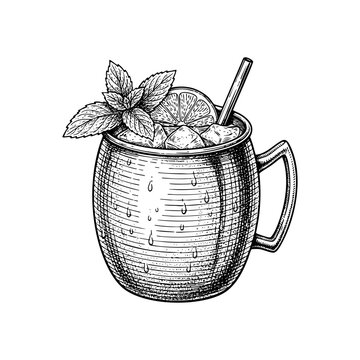 Moscow Mule Copper Mug Cocktail Engraving Vector Illustration