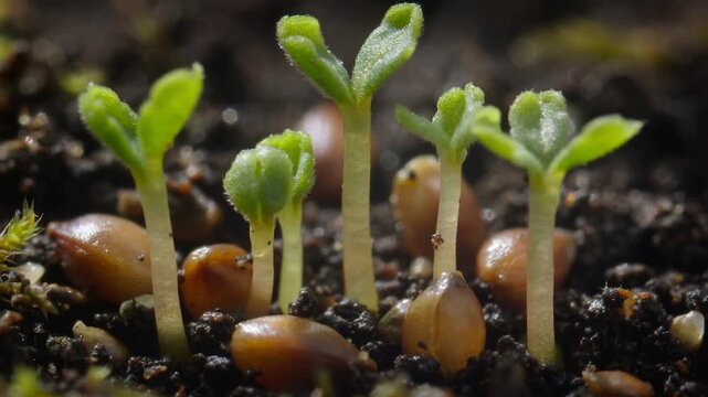 Sprouting seedlings pushing upward from moist potting soil, with brown kernels and green cotyledons
