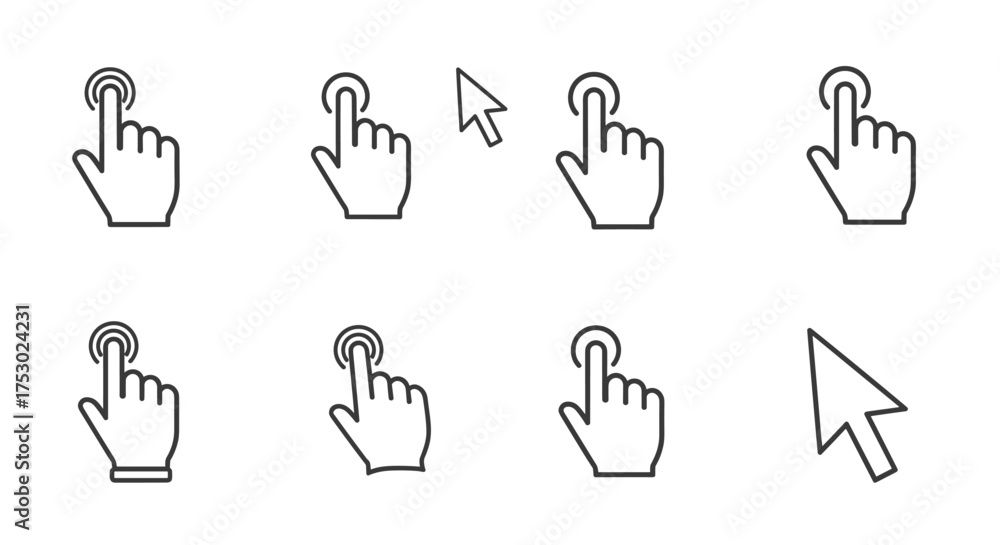 Wall mural cursor pointer hand click icon set, touchscreen tap user interface symbols, technology interaction b
