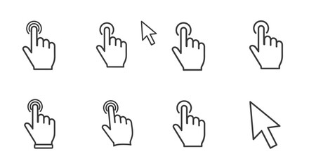 Cursor pointer hand click icon set, touchscreen tap user interface symbols, technology interaction buttons, digital device selection and navigation vector