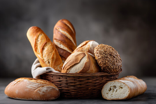Rustic Basket Overflowing with Assorted Freshly Baked Artisan Breads..
