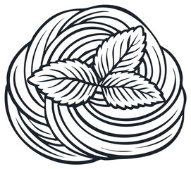 Monochrome line art of an Italian pasta nest with fresh basil leaves vector illustration