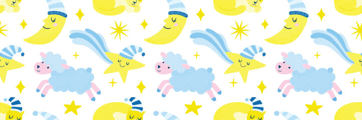 Good Night seamless pattern on white background with cute stars moon and sleeping sheep. Sweet dreams background. Vector illustration for print, textile, nursery, paper.