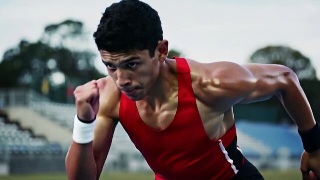 Hearing starter pistol shot, sprinter wearing red jersey and spikes powering off blocks on track