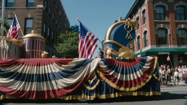 Entering from left parade float gliding along city street with US flags for celebration
