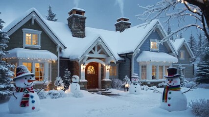 Falling snow dusting craftsman-style home yard, with curling smoke, icicle lights and four snowmen - Powered by Adobe