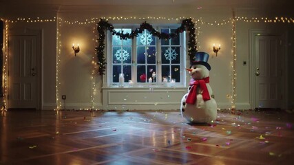 Confetti fluttering camera panning showing snowman wearing top hat turning at home with candles - Powered by Adobe