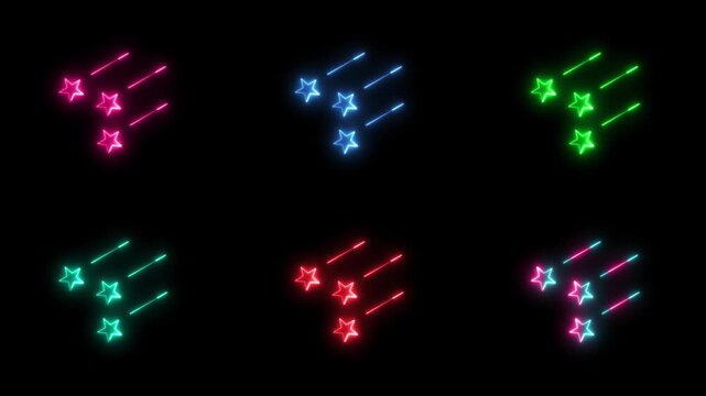 Neon glowing stars animation with colorful light trails on black background, rating system, achievement, celebration, wish, or magic effect - Powered by Adobe