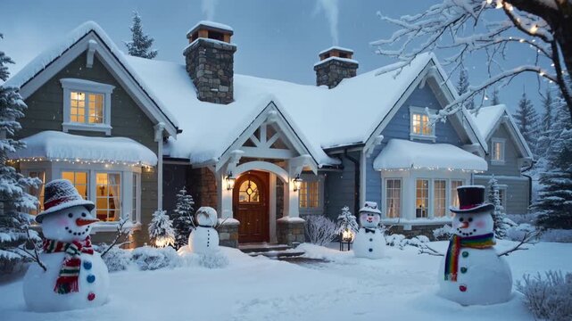Falling snow dusting craftsman-style home yard, with curling smoke, icicle lights and four snowmen