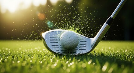 Golf club striking ball on green grass golf ball hitting