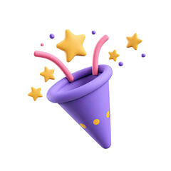 A whimsical purple party horn with stars and sparkles on transparent background