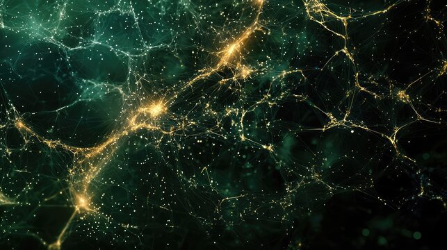 A detailed, glowing neural web with interconnected nodes and machine learning data flowing through pathways.