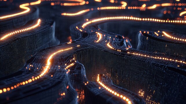 A detailed, neon-lit 3D close-up of a machine learning algorithm, with nodes transmitting data across multiple layers.