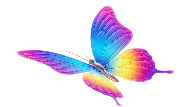 Iridescent butterfly with glowing colorful wings in pink, blue, yellow, and purple against a black background