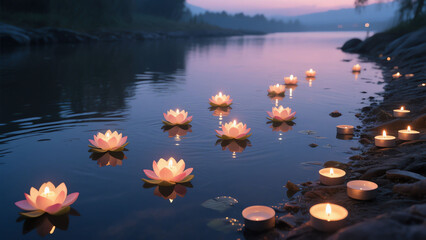 Lotus Lanterns Floating on Water at Dusk