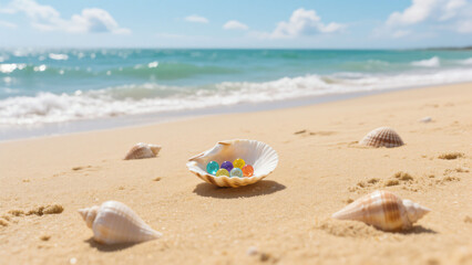 Obraz premium Seashells and Colorful Beads on the Beach