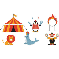 Fototapeta premium Colorful circus scene featuring a tent, animals, and performers, creating a festive atmosphere.