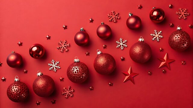 Elegant red christmas ornaments and snowflakes scattered on red background - Powered by Adobe