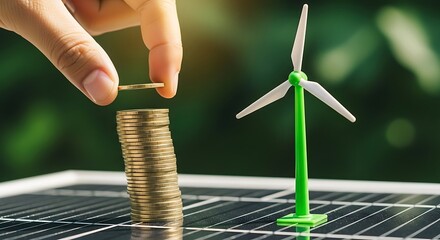 Hand stacking gold coins near green wind turbine money