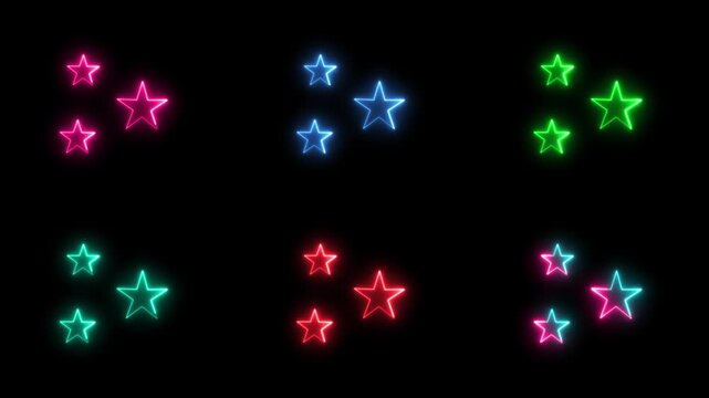 Dynamic neon glowing multi-color star shapes animation loop on a black background, product rating, customer review, festive celebration, loyalty program, or achievement