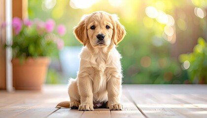 Adorable golden retriever puppy sitting on a wooden deck with soft green bokeh background and warm sunlight streaming in a loving daytime scene