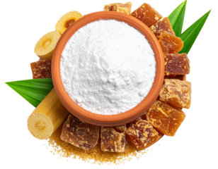  Traditional Clay Pot Filled with White Sugar Surrounded by Brown Jaggery Pieces Flat Lay isolated on transparent background PNG