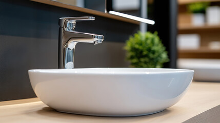 display of modern sinks and faucets in hardware store or construction hypermarket, clean retail environment