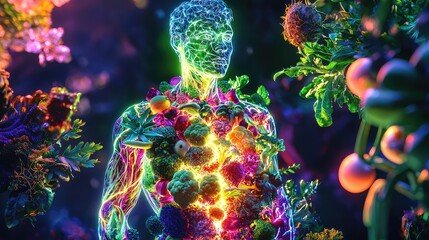 A digital artwork of a male figure whose body is composed entirely of fruits, vegetables, and roots, glowing with internal energy from plant-based nourishment.