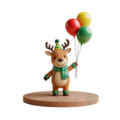 Cute Cartoon Reindeer with Balloons on Wooden Base, Festive Holiday Character Figurine, Party