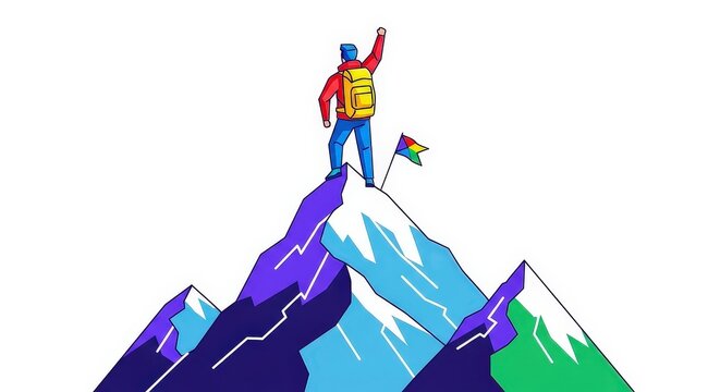 Vector illustration of a triumphant hiker with a backpack celebrating on a mountain summit. - Powered by Adobe