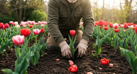 Fototapeta premium Gardener planting vibrant red and pink tulips in a sunny garden.