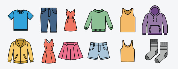 Flat vector illustration clothing accessories shirts, jeans, dresses, coats, shoes, socks, Modern colorful apparel design perfect fashion retail projects.
