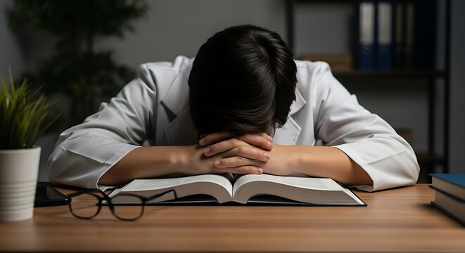 Exhausted person resting head on open book head down