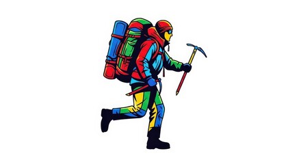 Stylized illustration of a mountain climber in colorful gear running with a backpack and ice axe.
