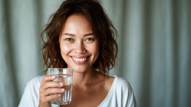 A cheerful young woman, showcasing a bright smile while holding a glass of water, promotes positivity and hydration, reflecting good health and wellbeing.