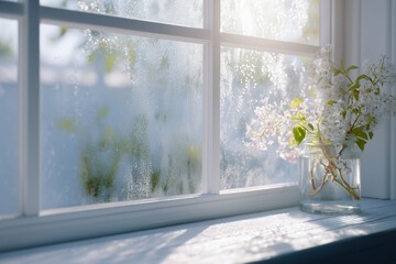 Serene morning view through a window with fresh flowers and rain droplets