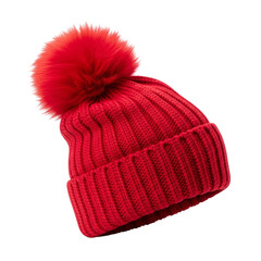 Bright red knitted beanie with fluffy pom isolated on a transparent background image