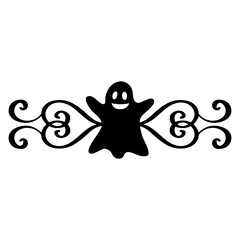 Logo con silueta de fantasma con filigrana caligráfica. Silueta con florituras para tarjetas y felicitaciones de Halloween