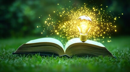 Open book, glowing lightbulb, grass background, inspiration, for education
