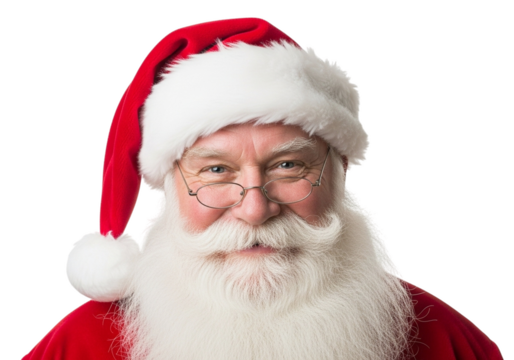 Cheerful Santa Claus with White Beard and Red Hat isolated on a transparent background Christmas holiday