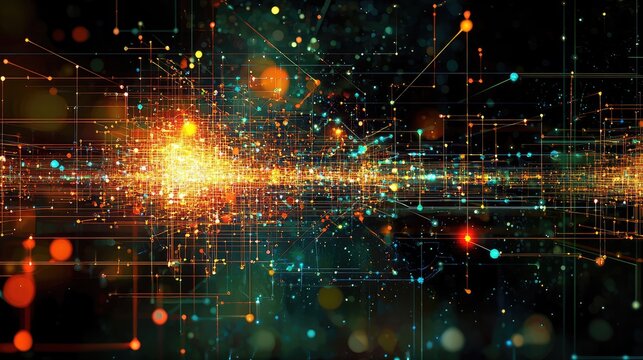 A digital visualization of a neural networkâ€™s complex structure, showing nodes and pathways glowing with energy.