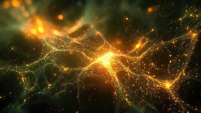 A digital visualization of a neural networkâ€™s complex structure, showing nodes and pathways glowing with energy.