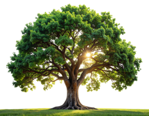 Majestic Sal Tree with Thick Trunk and Sunlit Green Leaves isolated on transparent background PNG