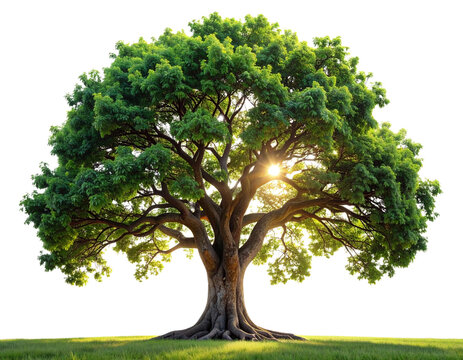 Majestic Sal Tree with Thick Trunk and Sunlit Green Leaves isolated on transparent background PNG
