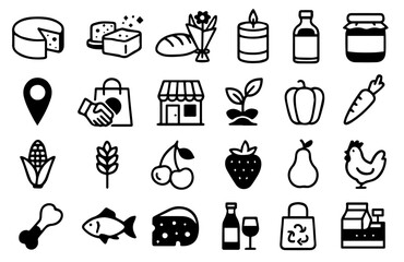 Fototapeta premium Icons representing various food items, grocery activities, and agricultural products for a simpler living approach