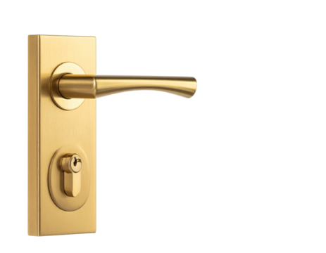 Modern Polished Brass Lever Handle with Keyhole Plate Floating on White Glow isolated on transparent background PNG